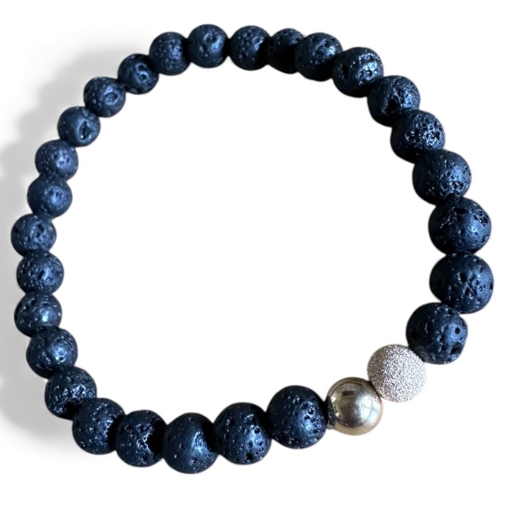 Matte Black 6mm Lave Rock Stretch Bracelet w/ 14k Gold Filled Ball Spacers